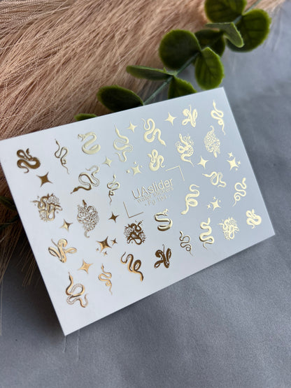 Nail Water Decal Fg-194 | Water Slide Nail Decals | Gold Foil Snakes & Stars