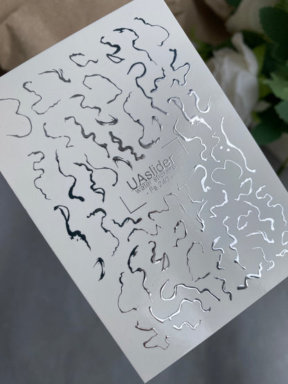 Nail Water Decal Fs-240 | Abstract Water Slide Nail Decals | Silver Foil Waves & Lines