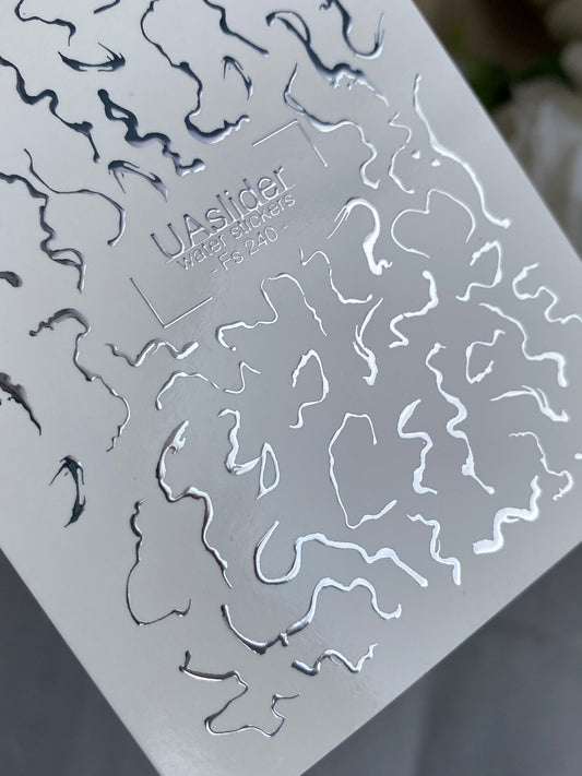 Nail Water Decal Fs-240 | Abstract Water Slide Nail Decals | Silver Foil Waves & Lines