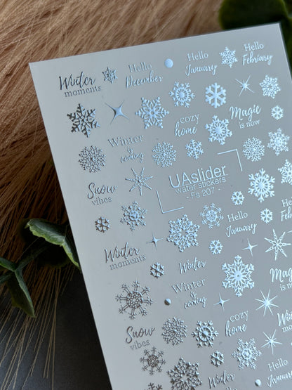 Nagel Wasserabziehbild Fs-207 | Wasserabziehbare Nagelaufkleber Schneeflocken | Winterzitate und Gemütliches Design