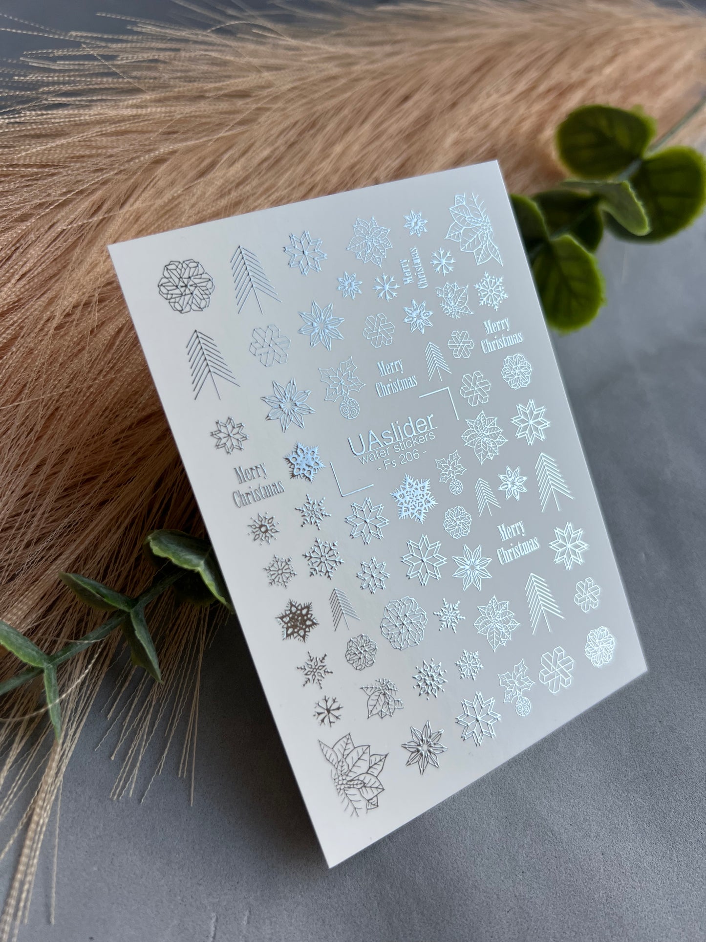 Naklejka wodna na paznokcie Fs-206 | Naklejki wodne na paznokcie z motywem świątecznych płatków śniegu | Gwiazda betlejemska i świąteczne napisy