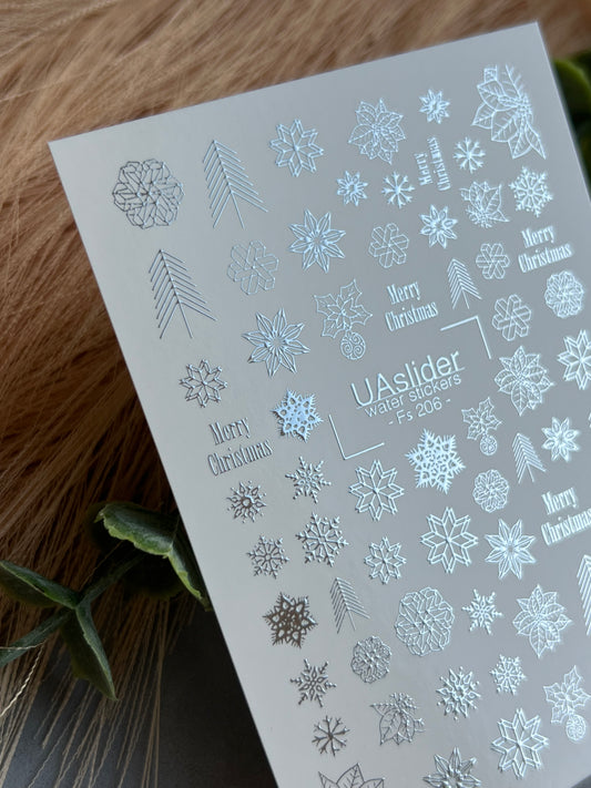 Nail Water Decal Fs-206 | Water Slide Nail Decals Christmas Snowflakes | Poinsettia and Festive Lettering