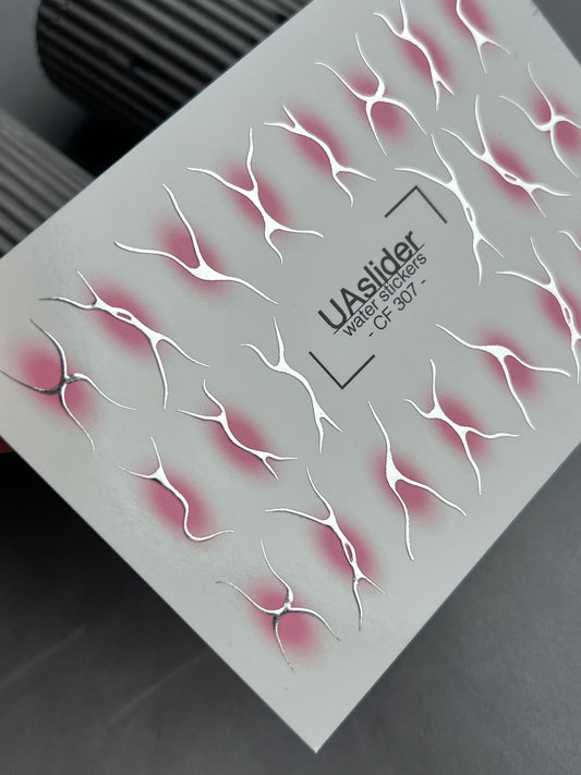 Nail Water Decal CF-307 | Abstract Silver Water Slide Nail Decals | Minimal Lines with Pink Shadows