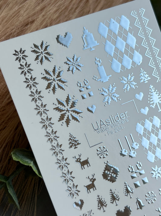 Nail Water Decal Fs-204 | Water Slide Nail Decals Christmas Nordic | Snowflakes, Reindeer and Ornaments