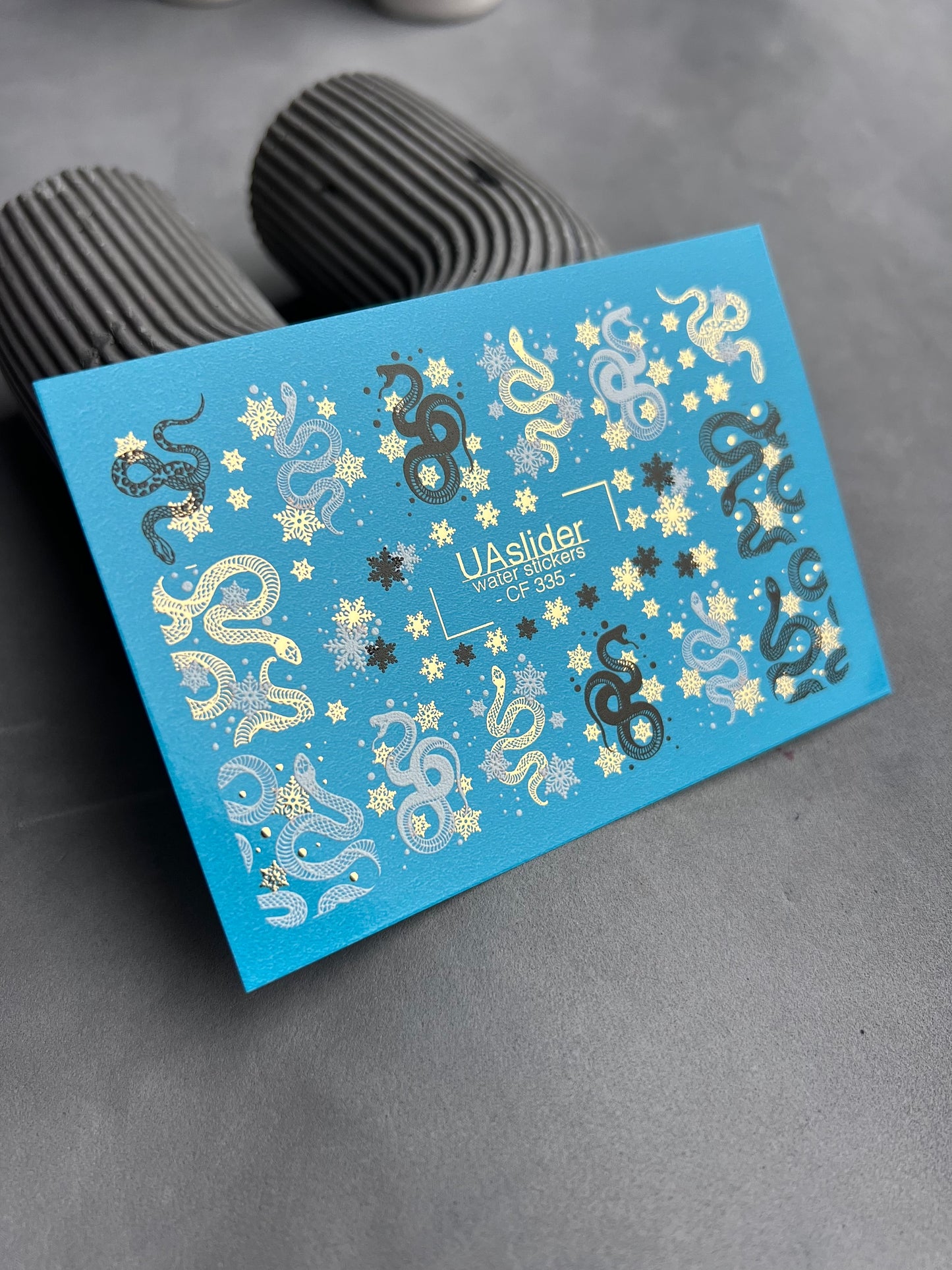 Nail Water Decal CF-335 | Water Slide Nail Decals | Snakes and Snowflakes in Black, White & Gold