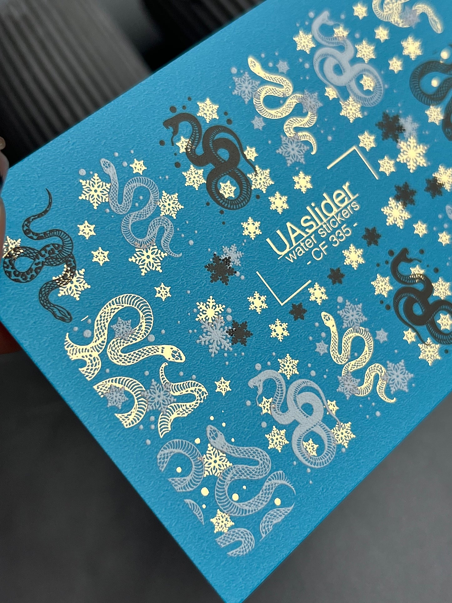 Nail Water Decal CF-335 | Water Slide Nail Decals | Snakes and Snowflakes in Black, White & Gold