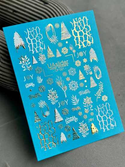 ملصق ماء للأظافر CF-021 | ملصقات ماء للأظافر الشتوية، رقاقات الثلج، الأشجار، وتفاصيل ورق الذهب