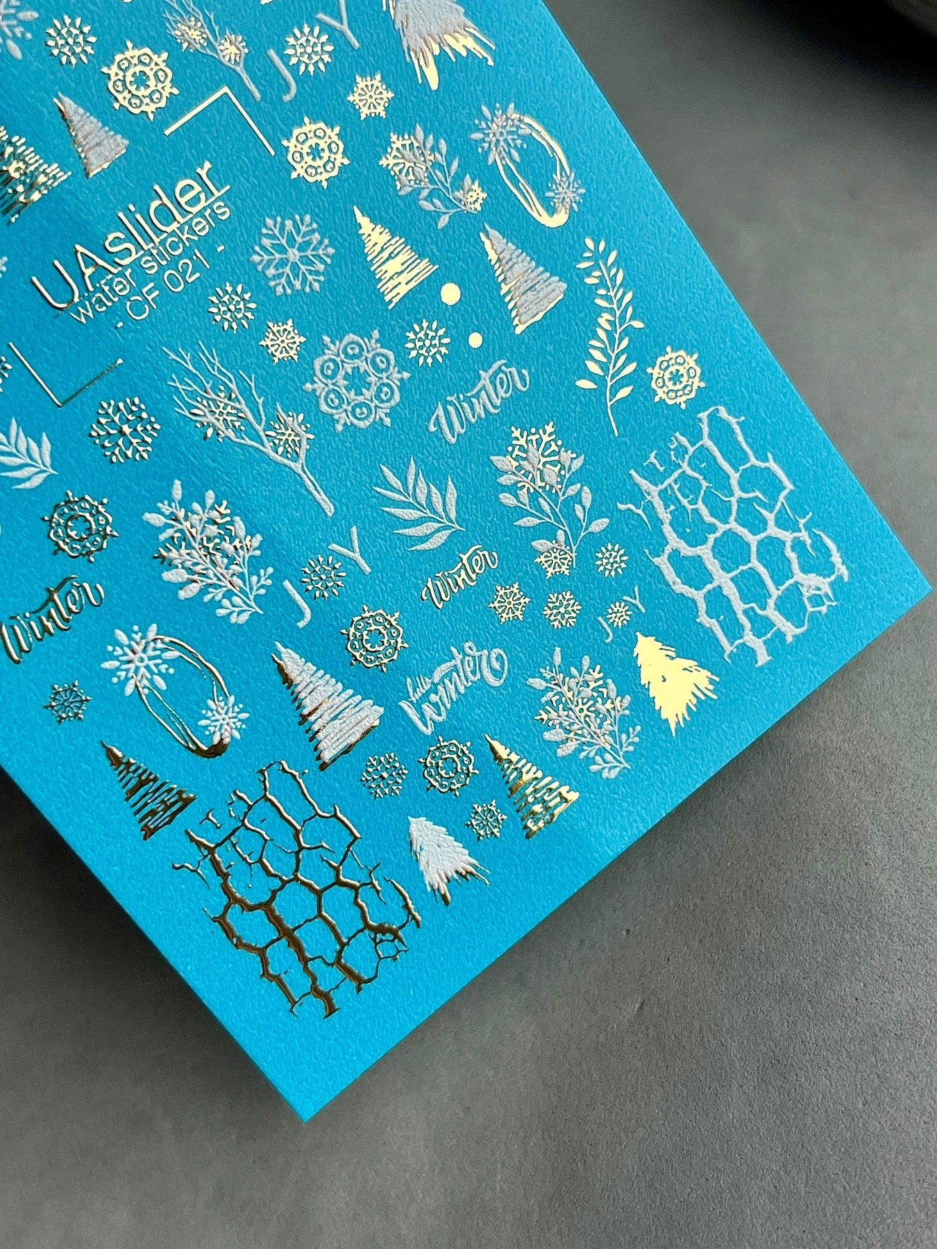 Nail Water Decal CF-021 | Winter Nail Water Decals, Snowflakes, Trees, and Gold Foil Accents - UASLIDER
