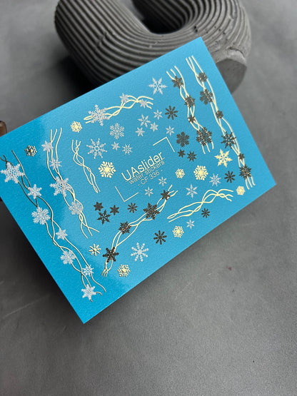 Nail Water Decal CF-336 | Water Slide Nail Decals | Snowflakes and Festive Lines in Silver & Gold