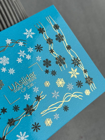 Nail Water Decal CF-336 | Water Slide Nail Decals | Snowflakes and Festive Lines in Silver & Gold