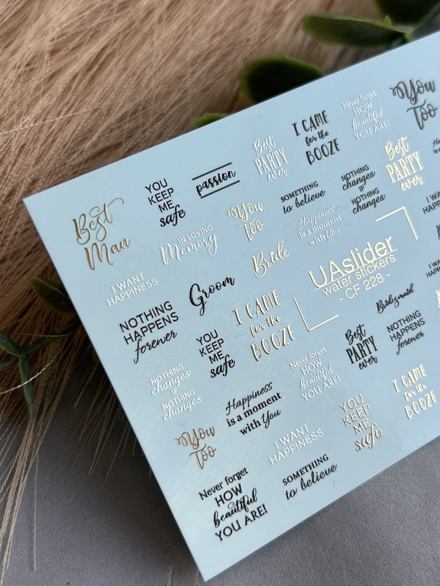 Nail Water Decal CF-228 | Lettering Water Slide Nail Decals | Wedding Quotes & Gold Accents