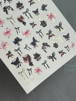 Nail Water Decal CF-315 | Bow Water Slide Nail Decals | Pink, Black & Gold Ribbons with Butterflies - UASLIDER