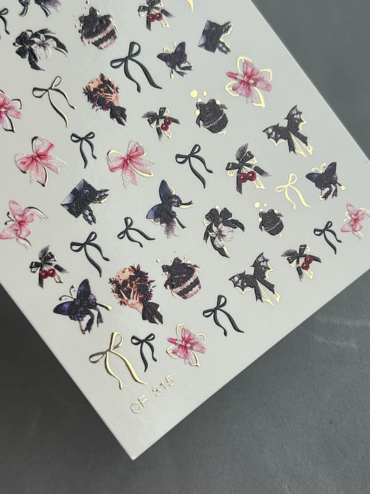Nail Water Decal CF-315 | Bow Water Slide Nail Decals | Pink, Black & Gold Ribbons with Butterflies