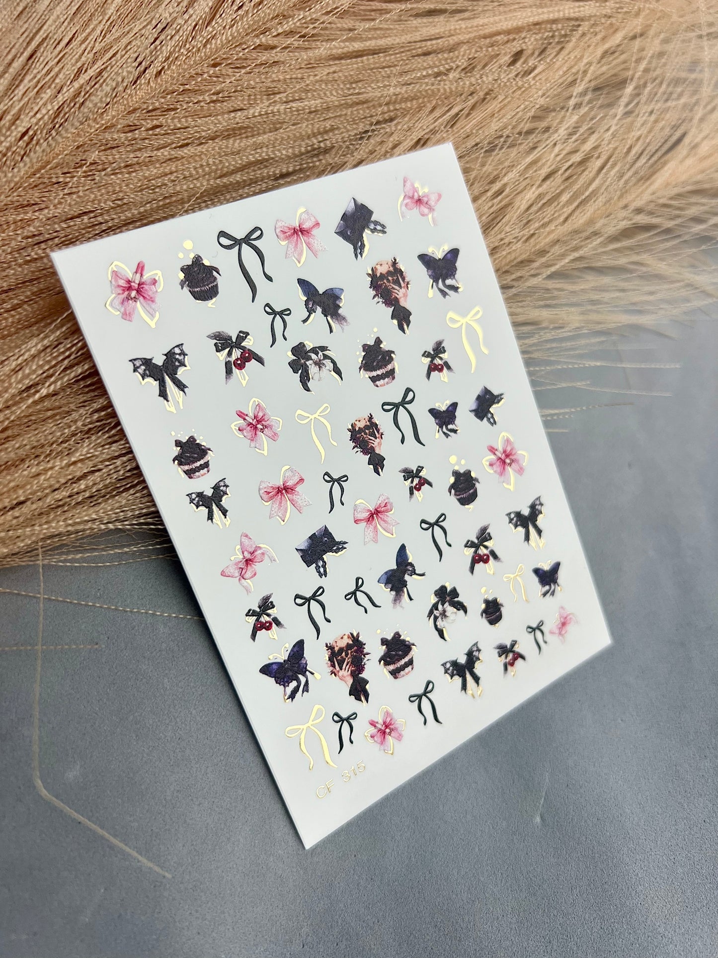 Nagel-Wasserabziehbild CF-315 | Schleifen-Wasserfolien-Nagelabziehbilder | Rosa, Schwarze & Goldene Bänder mit Schmetterlingen