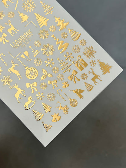 Nail Water Decal Fg-071 | Gold Foil Water Slide Nail Decals | Christmas Trees & Snowflakes