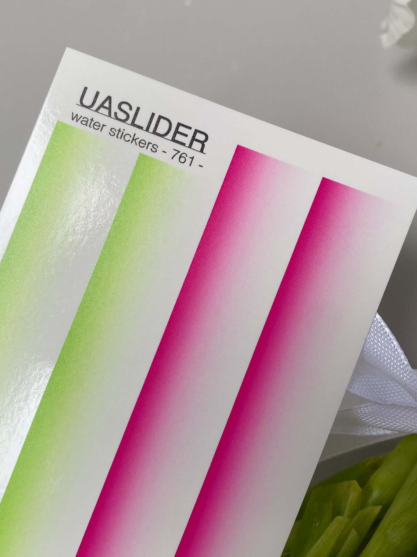 Nail Water Decal 761 features vibrant pink and green gradients on a water slide nail sticker sheet.