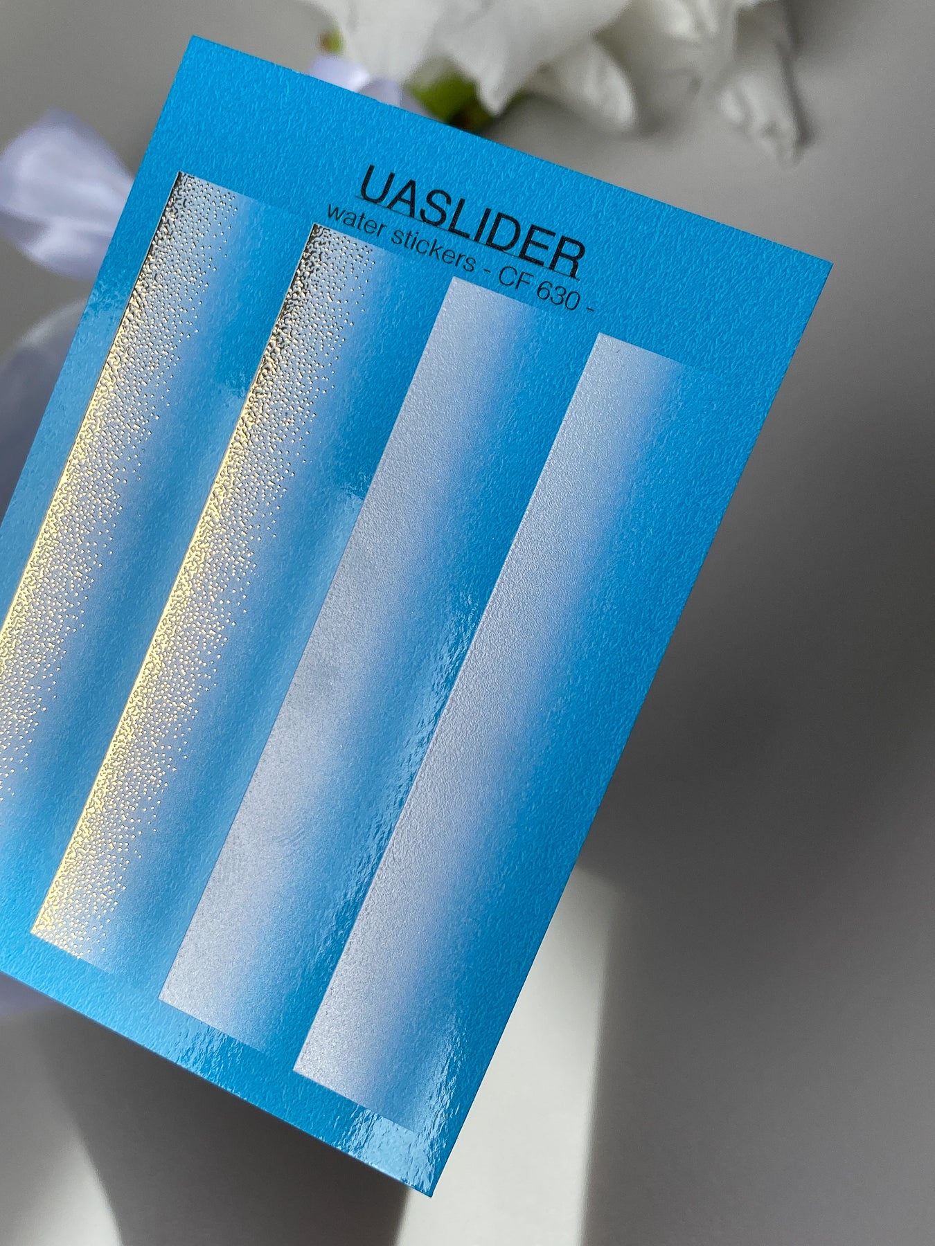 Nail Water Decal CF-630 | Gradient Water Slide Nail Decals | Light Blue Ombre with Gold Glitter - UASLIDER