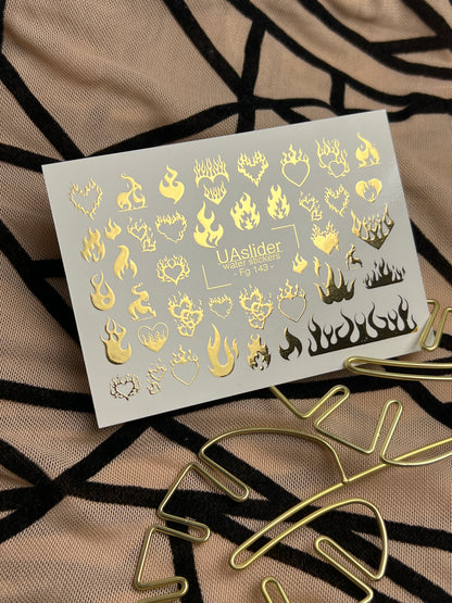 Nail Water Decal Fg-143 | Water Slide Nail Decals with Gold Flame Hearts | Bold Fire Nail Art