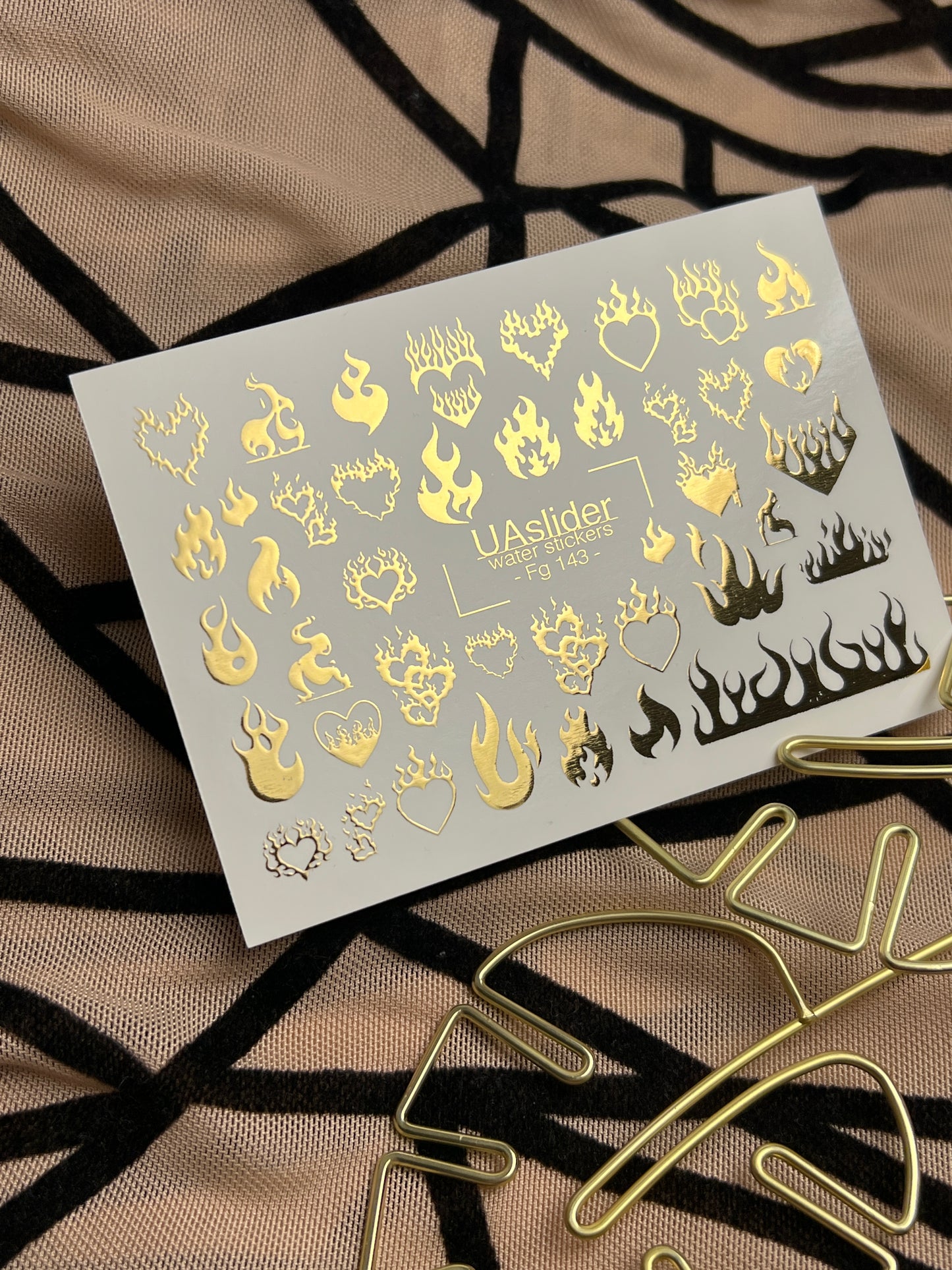 Nail Water Decal Fg-143 | Water Slide Nail Decals with Gold Flame Hearts | Bold Fire Nail Art