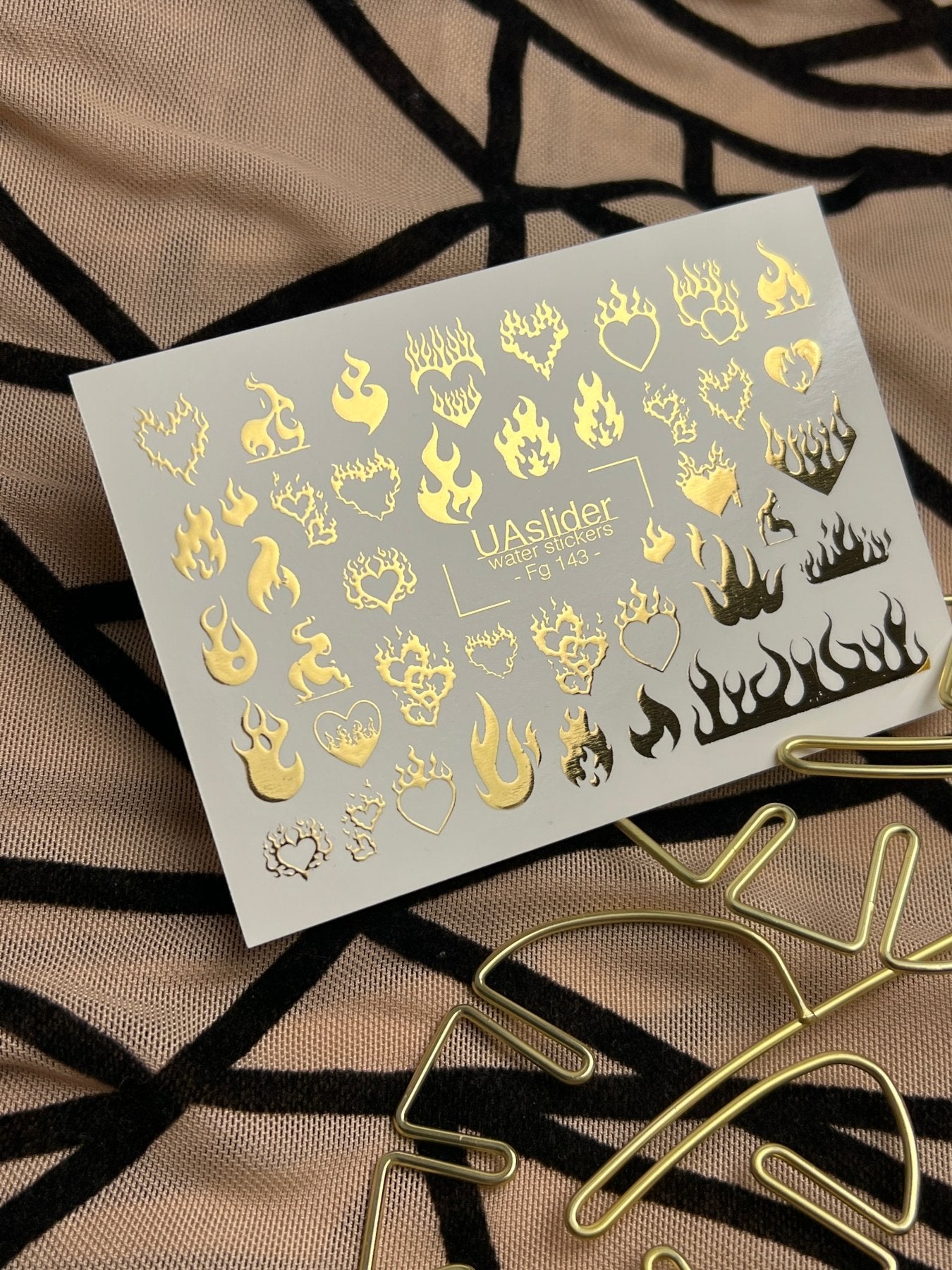 Nail Water Decal Fg-143 | Water Slide Nail Decals with Gold Flame Hearts | Bold Fire Nail Art - UASLIDER