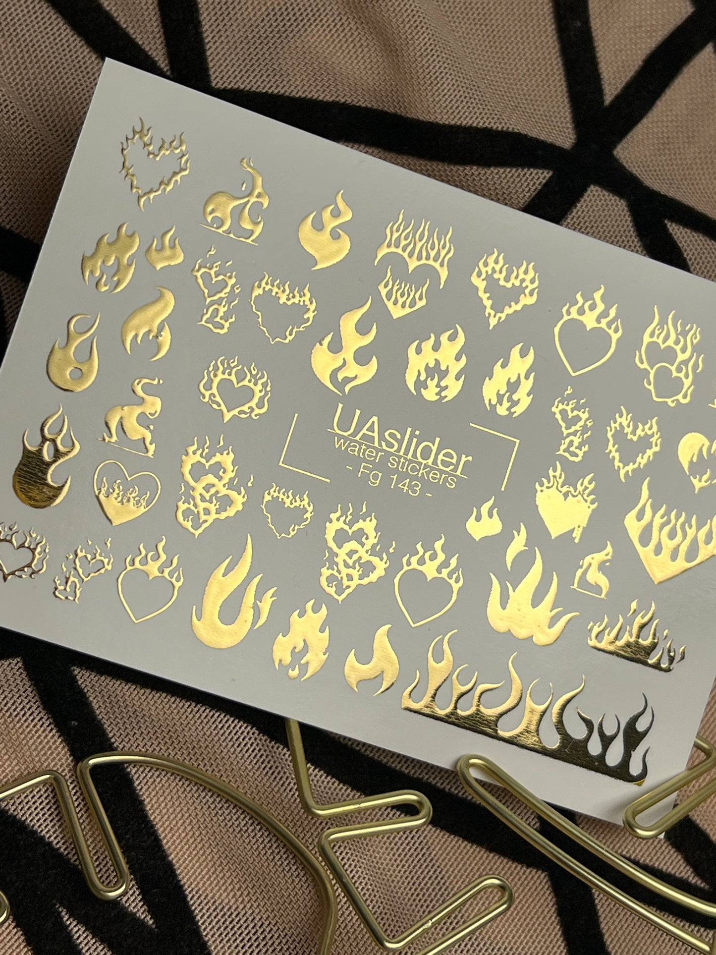 Nail Water Decal Fg-143 | Water Slide Nail Decals with Gold Flame Hearts | Bold Fire Nail Art