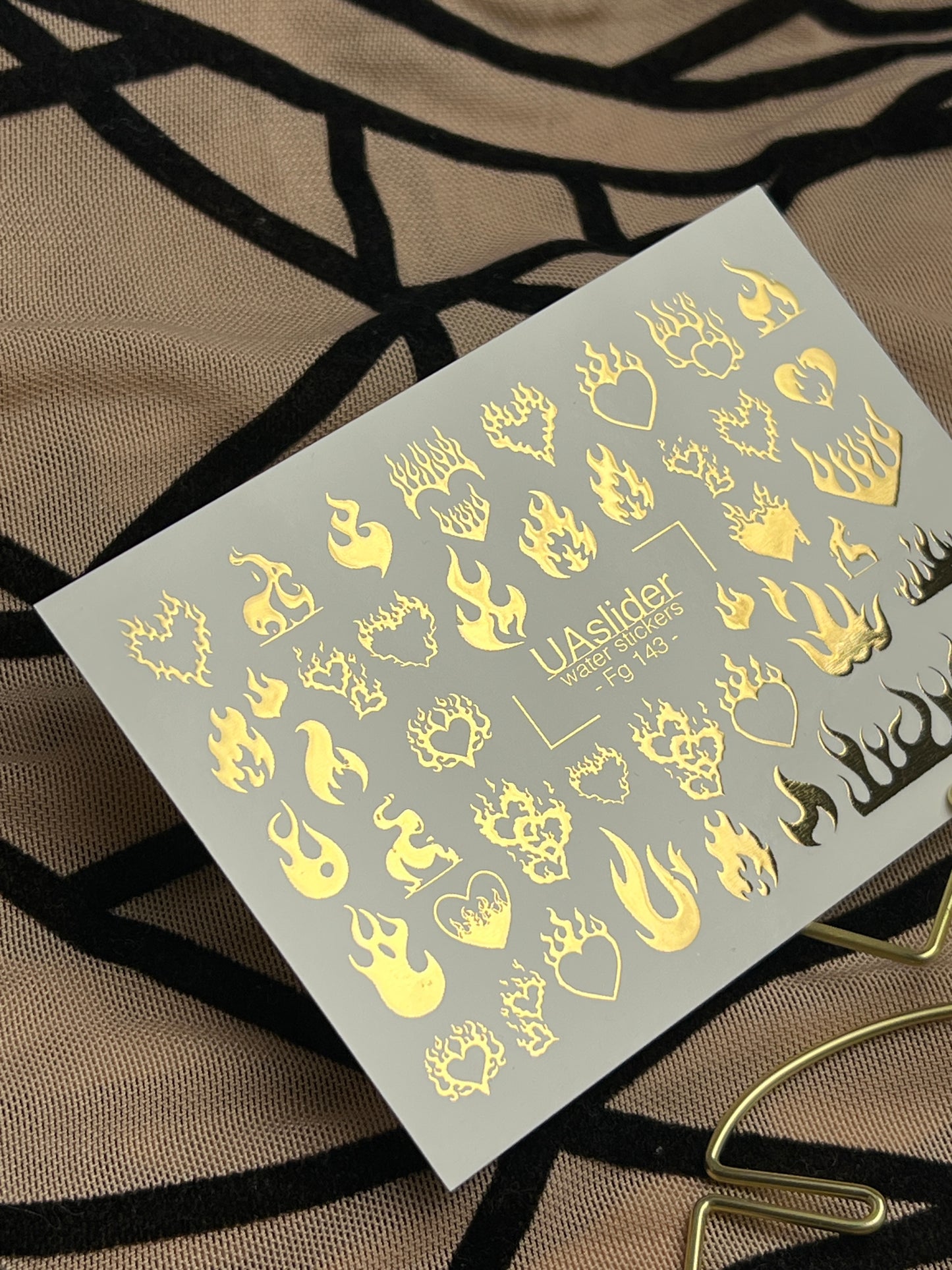 Nail Water Decal Fg-143 | Water Slide Nail Decals with Gold Flame Hearts | Bold Fire Nail Art