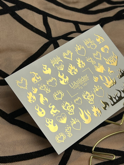 Nail Water Decal Fg-143 | Water Slide Nail Decals with Gold Flame Hearts | Bold Fire Nail Art