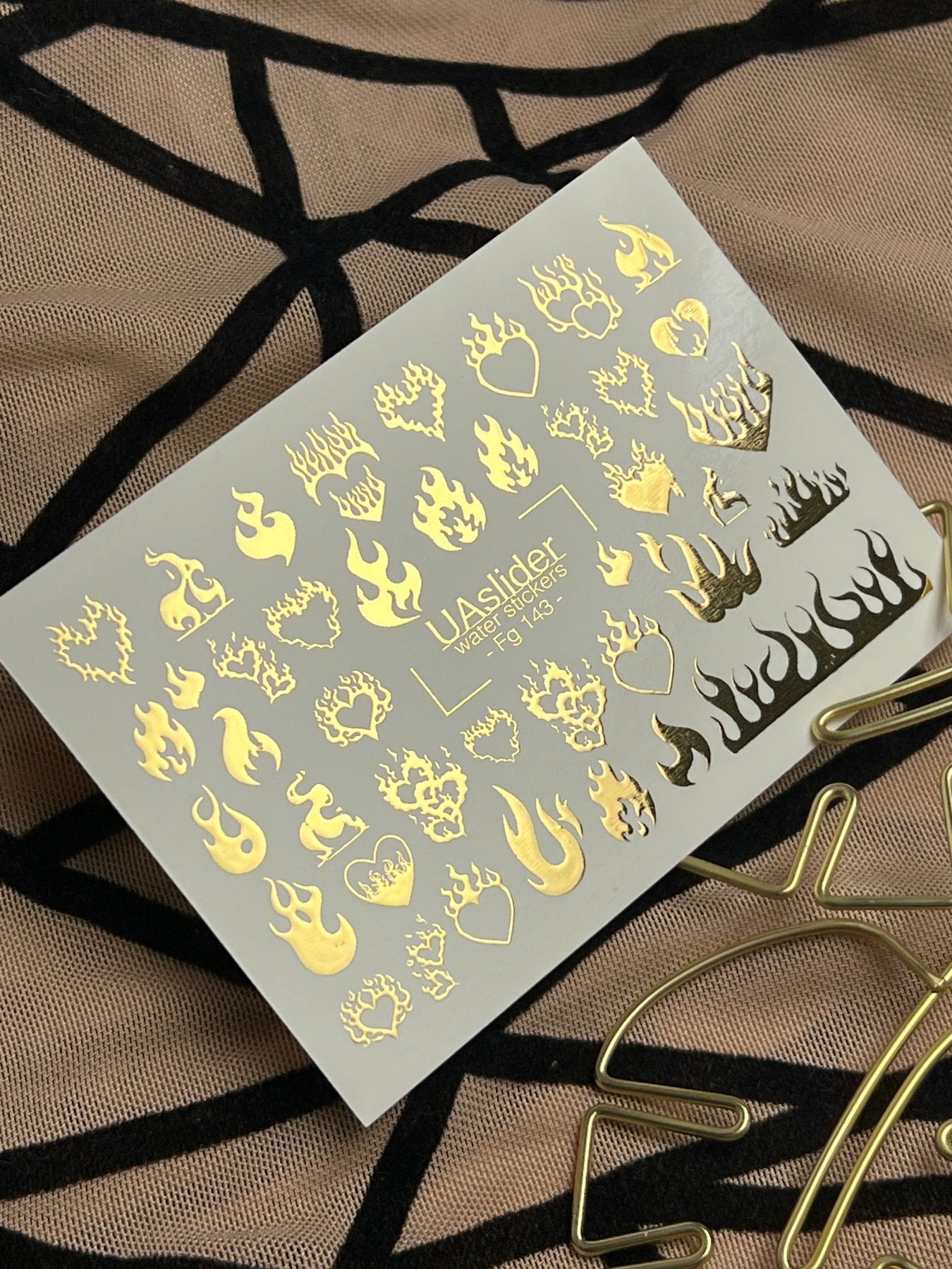 Nail Water Decal Fg-143 | Water Slide Nail Decals with Gold Flame Hearts | Bold Fire Nail Art - UASLIDER