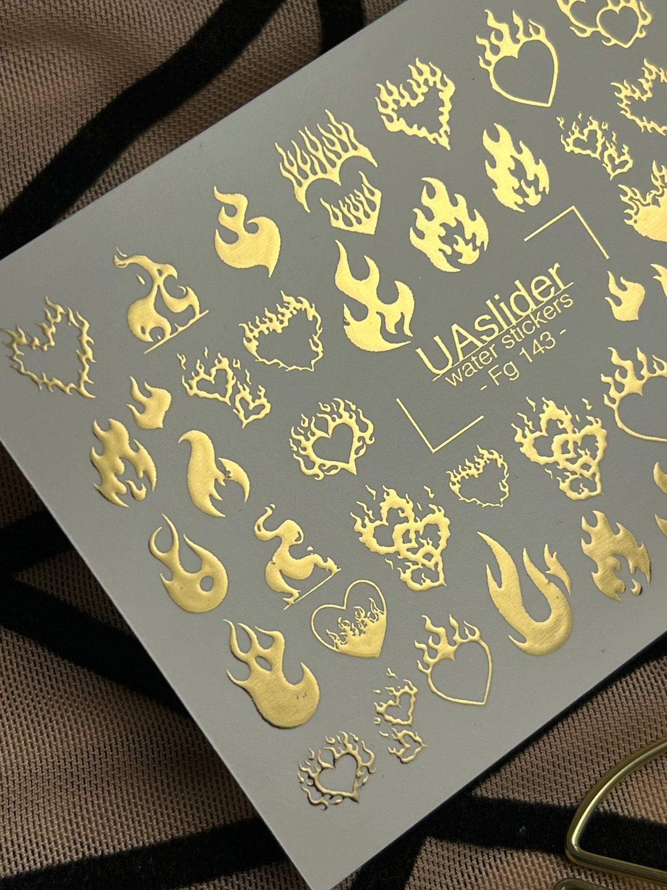 Nail Water Decal Fg-143 | Water Slide Nail Decals with Gold Flame Hearts | Bold Fire Nail Art - UASLIDER