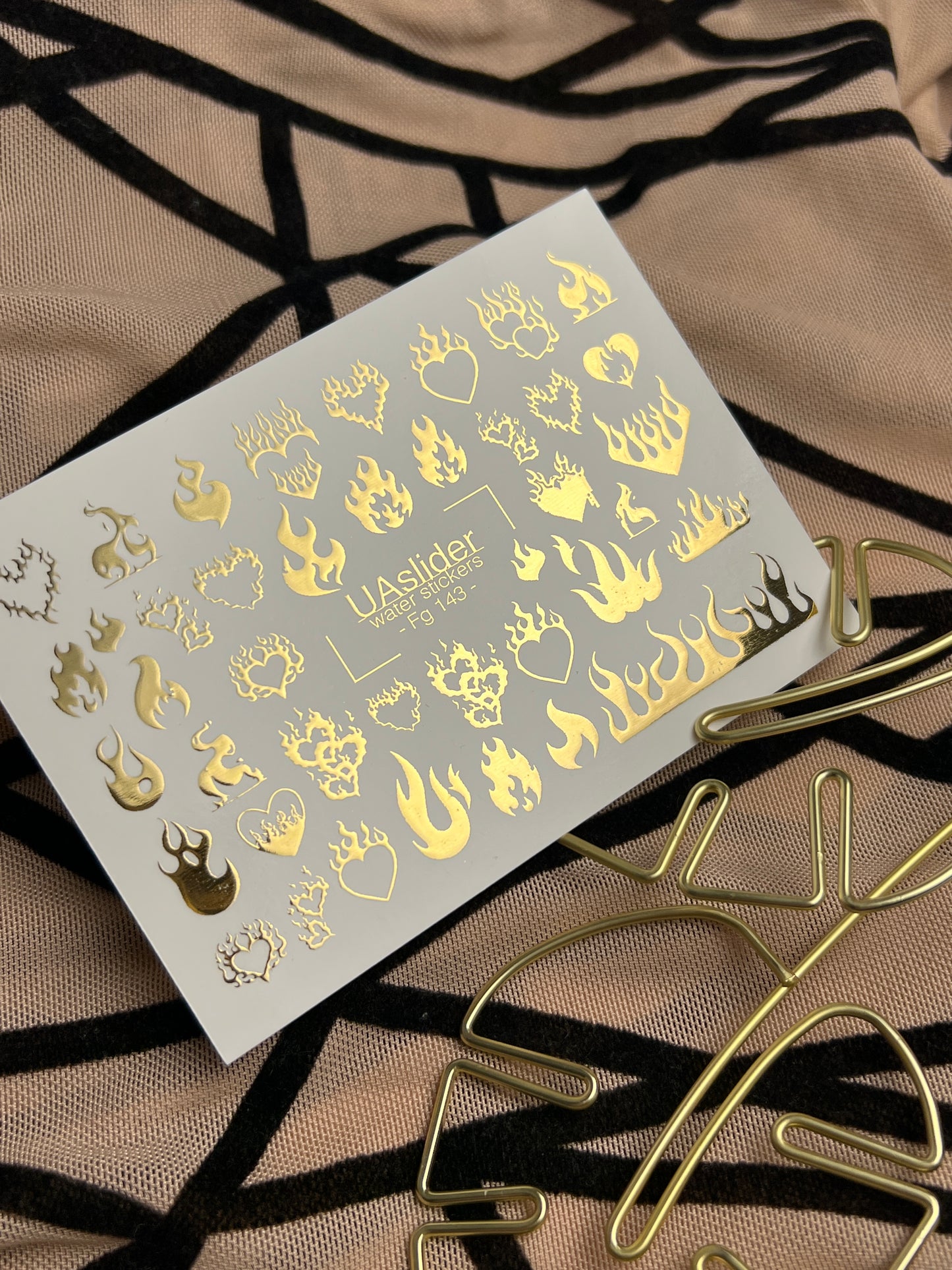 Nail Water Decal Fg-143 | Water Slide Nail Decals with Gold Flame Hearts | Bold Fire Nail Art