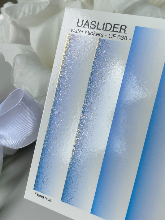 Nail Water Decal CF-638 | Gradient Water Slide Nail Decals | Light Blue Ombre with Gold Glitter