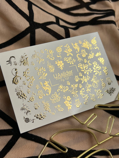 Nail Water Decal Fg-137 | Water Slide Nail Decals with Gold Floral Ornaments | Elegant Nail Art