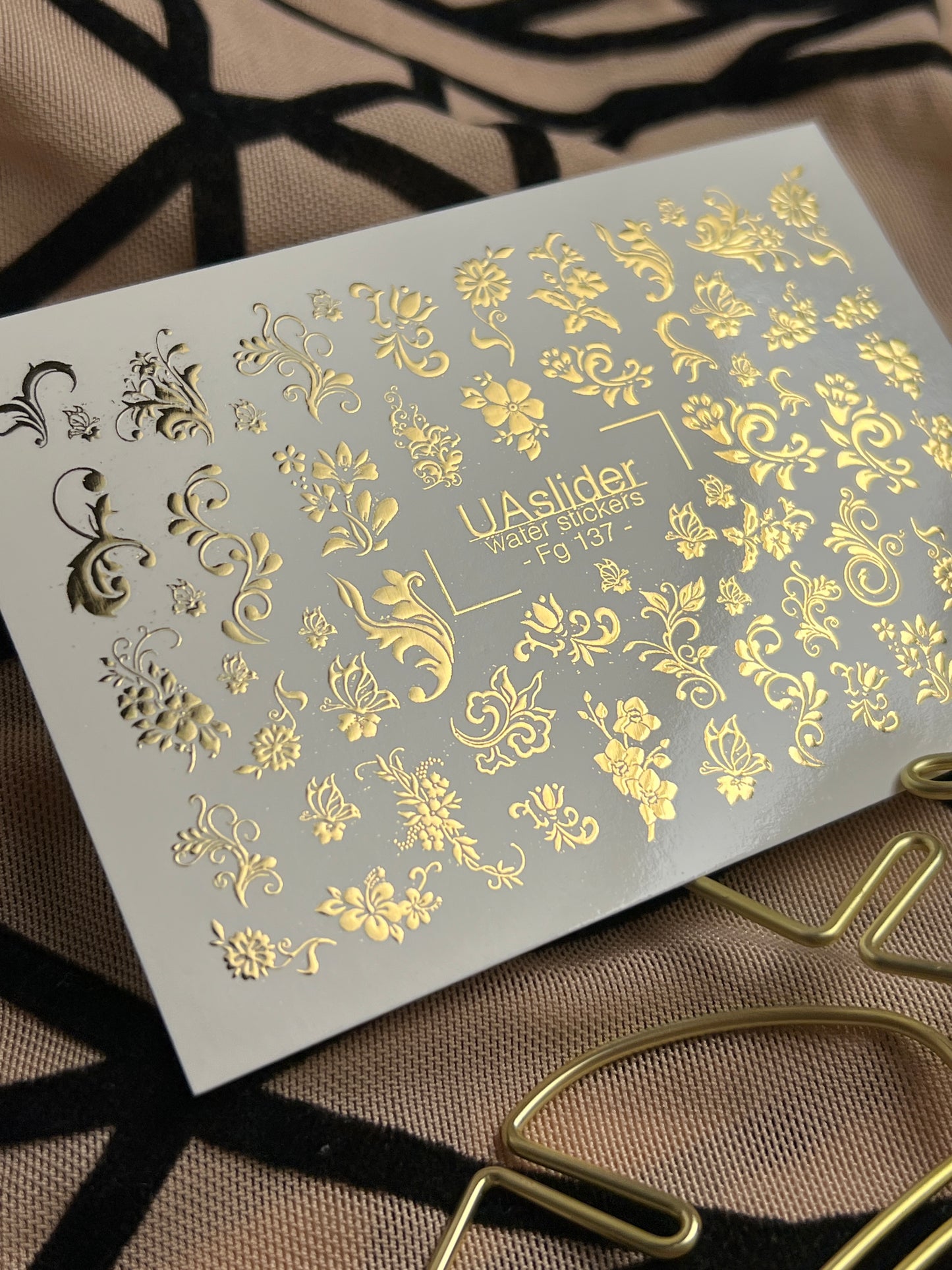 Nail Water Decal Fg-137 | Water Slide Nail Decals with Gold Floral Ornaments | Elegant Nail Art