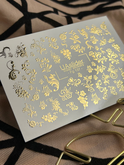 Nail Water Decal Fg-137 | Water Slide Nail Decals with Gold Floral Ornaments | Elegant Nail Art