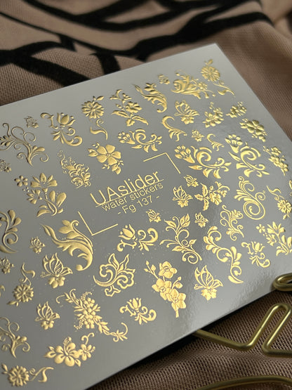 Nail Water Decal Fg-137 | Water Slide Nail Decals with Gold Floral Ornaments | Elegant Nail Art