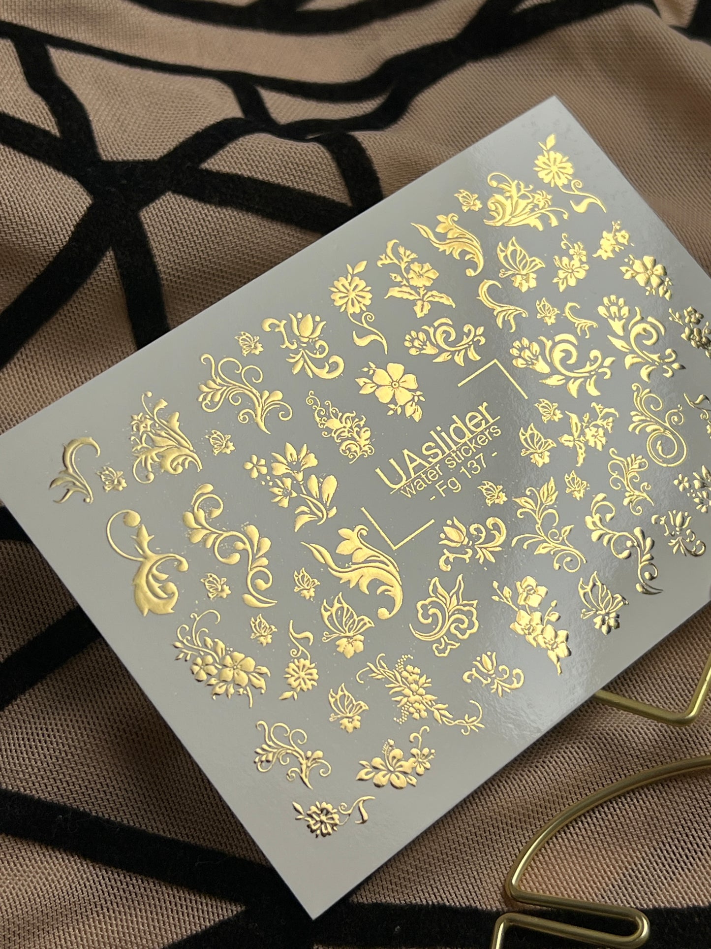 Nail Water Decal Fg-137 | Water Slide Nail Decals with Gold Floral Ornaments | Elegant Nail Art