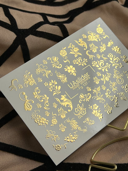 Nail Water Decal Fg-137 | Water Slide Nail Decals with Gold Floral Ornaments | Elegant Nail Art