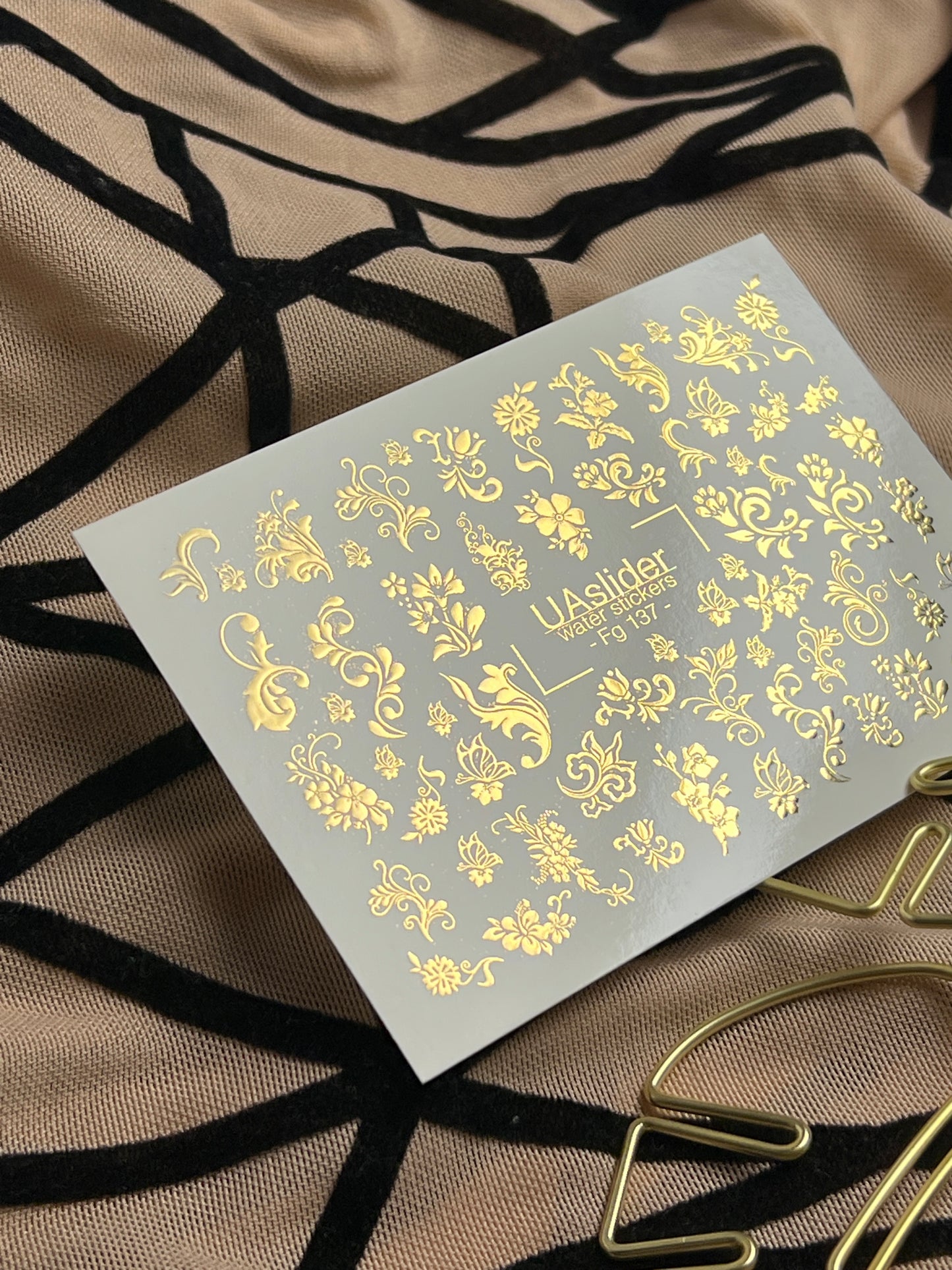 Nail Water Decal Fg-137 | Water Slide Nail Decals with Gold Floral Ornaments | Elegant Nail Art