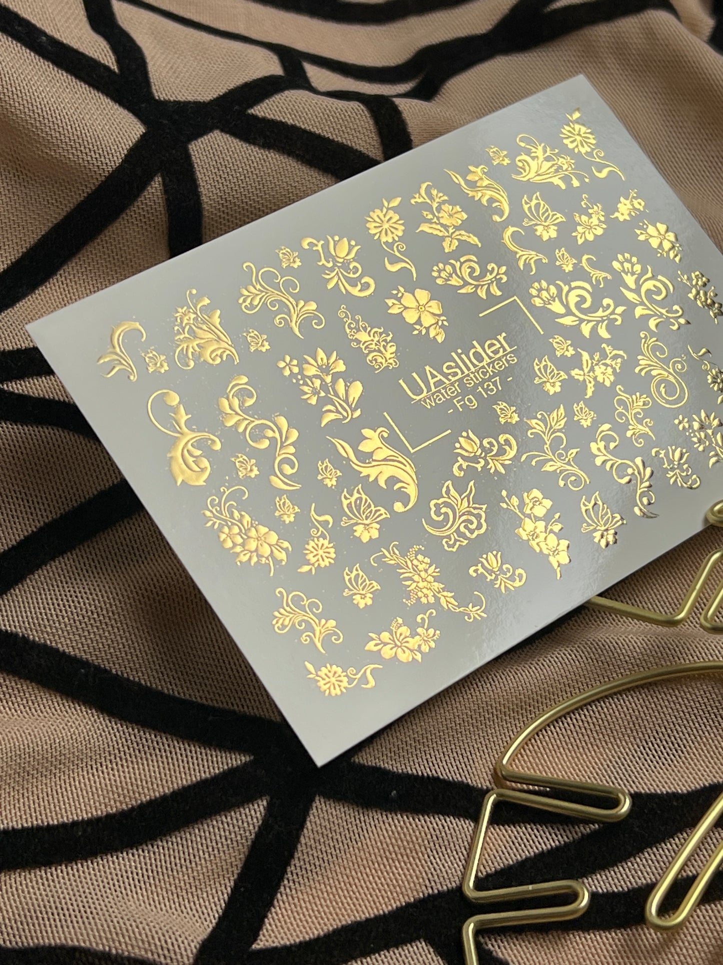 Nail Water Decal Fg-137 | Water Slide Nail Decals with Gold Floral Ornaments | Elegant Nail Art