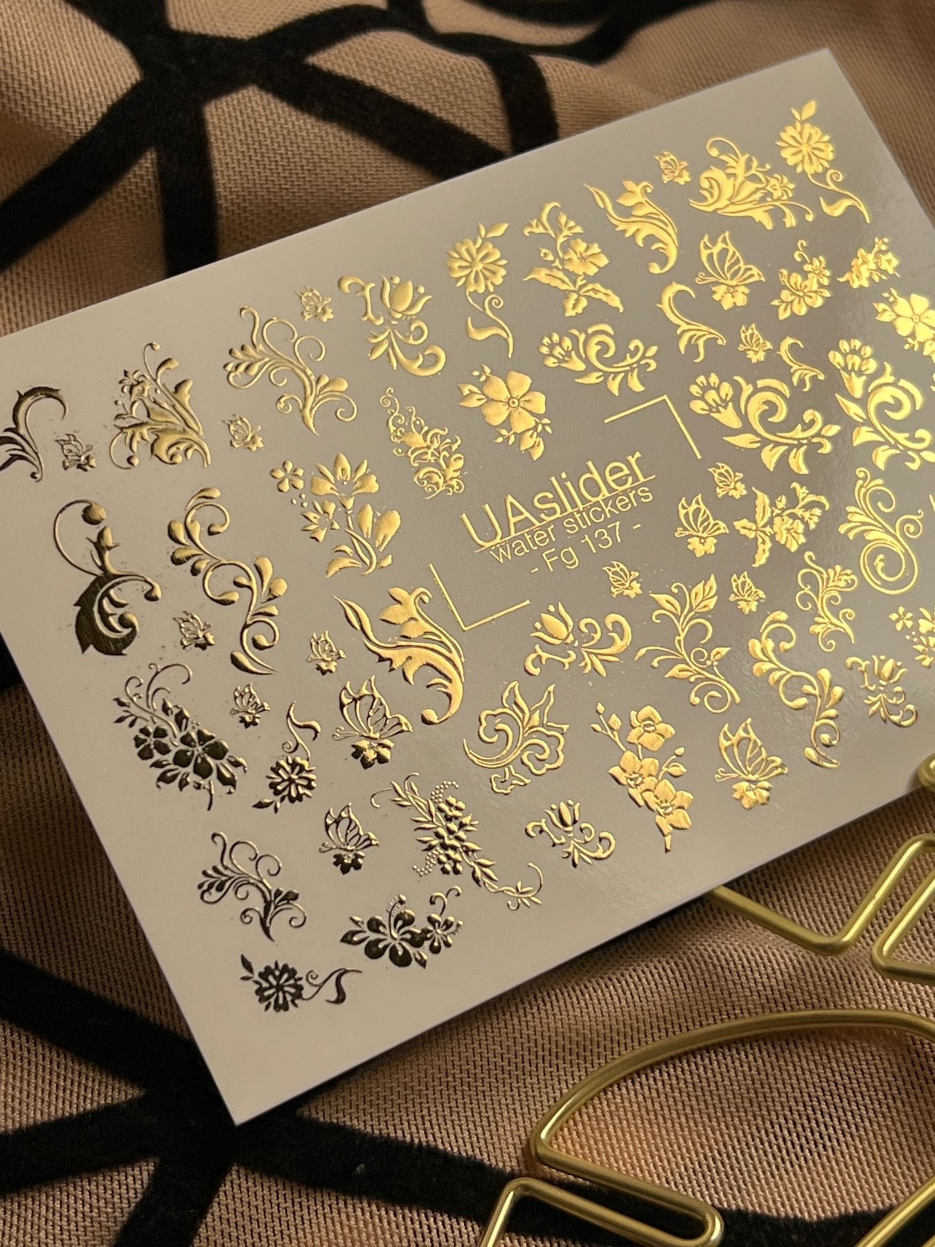 Nail Water Decal Fg-137 | Water Slide Nail Decals with Gold Floral Ornaments | Elegant Nail Art - UASLIDER