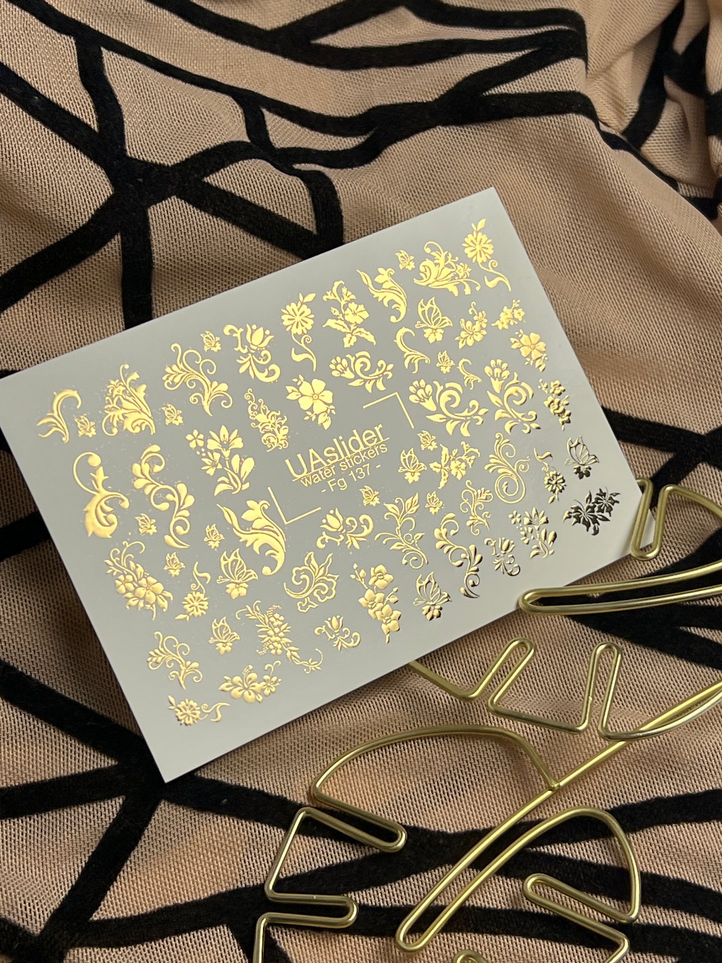 Nail Water Decal Fg-137 | Water Slide Nail Decals with Gold Floral Ornaments | Elegant Nail Art