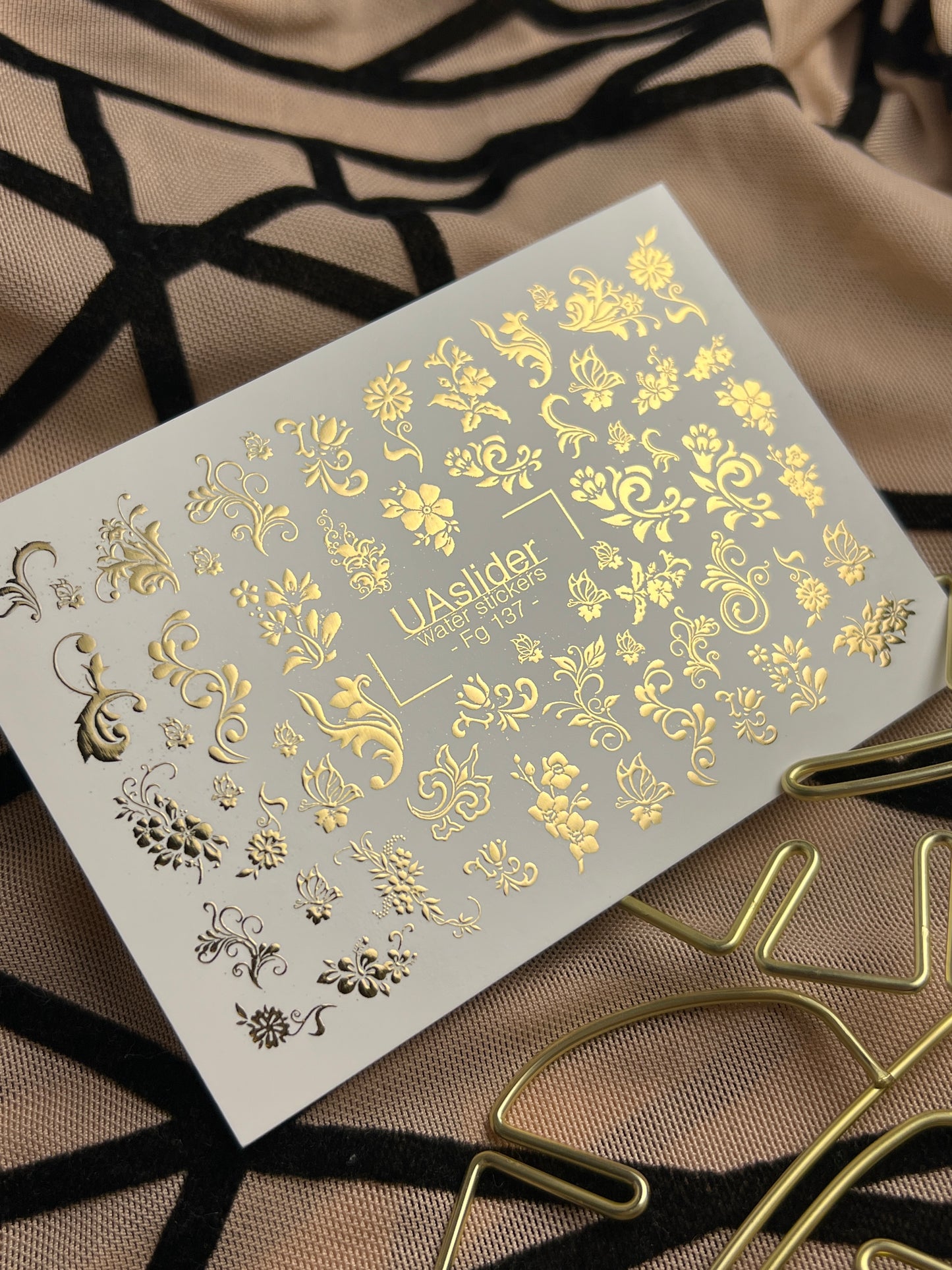 Nail Water Decal Fg-137 | Water Slide Nail Decals with Gold Floral Ornaments | Elegant Nail Art