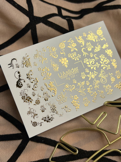 Nail Water Decal Fg-137 | Water Slide Nail Decals with Gold Floral Ornaments | Elegant Nail Art