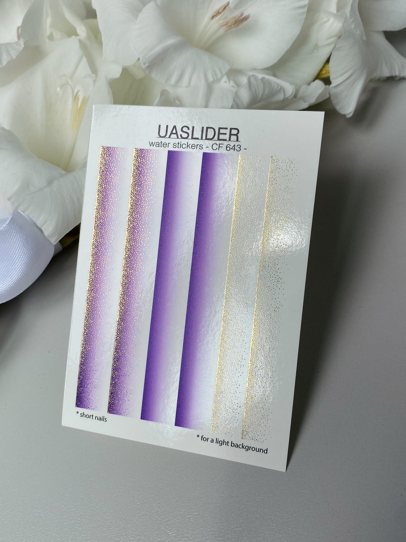 Nail Water Decal CF-643 | Gradient Water Slide Nail Decals | Purple Ombre with Gold Glitter for Short Nails - UASLIDER