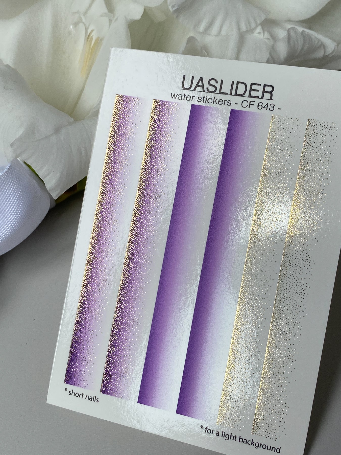 Nail Water Decal CF-643 | Gradient Water Slide Nail Decals | Purple Ombre with Gold Glitter for Short Nails - UASLIDER
