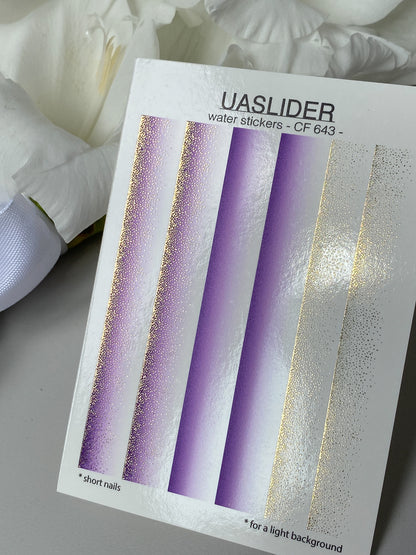 Nail Water Decal CF-643 | Gradient Water Slide Nail Decals | Purple Ombre with Gold Glitter for Short Nails