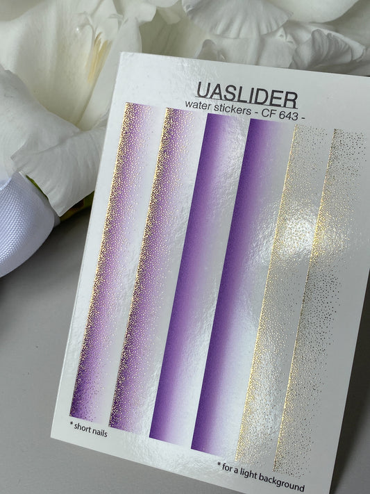 Nail Water Decal CF-643 | Gradient Water Slide Nail Decals | Purple Ombre with Gold Glitter for Short Nails