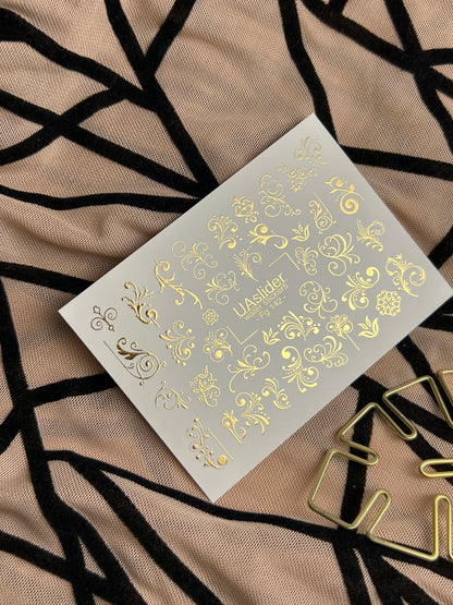 Nail Water Decal Fg-142 | Water Slide Nail Decals with Gold Swirls and Ornaments | Elegant Nail Art