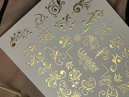 Nail Water Decal Fg-142 | Water Slide Nail Decals with Gold Swirls and Ornaments | Elegant Nail Art