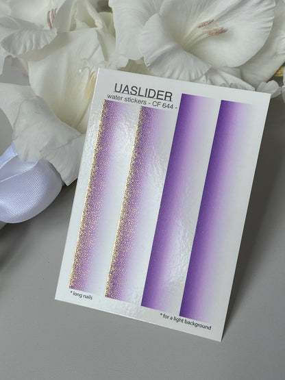 Nail Water Decal CF-644 | Gradient Water Slide Nail Decals | Purple Ombre with Gold Glitter for Long Nails